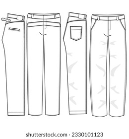 Siluetas o líneas técnicas de pantalones de jean con cortes estacionales y bolsillos para hombres, niños, niñas o mujeres.