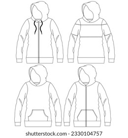 Silhouettes or technical lines of sweatshirts for both men and women for seasonal clothing, some with an opening in the front, bag and hood.