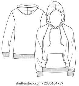 Silhouettes or technical lines of sweatshirts for both men and women for seasonal clothing, some with an opening in the front, bag and hood.