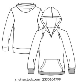 Silhouettes or technical lines of sweatshirts for both men and women for seasonal clothing, some with an opening in the front, bag and hood.