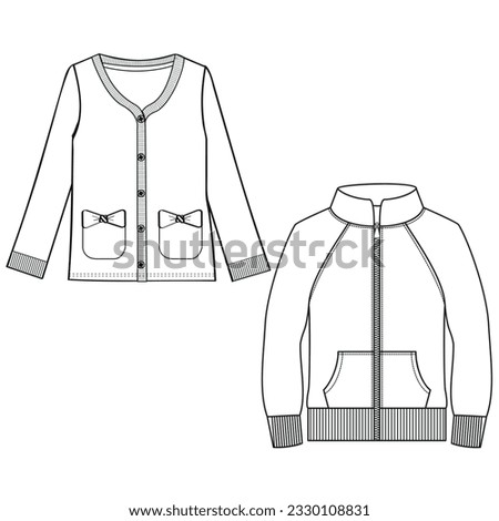 Silhouettes or technical lines of sweatshirts for both men and women for seasonal clothing, some with an opening in the front, bag and hood.