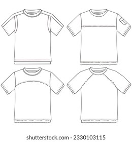 Silhouettes or technical outlines of sets of long-sleeved, short-sleeved shirts, for children, women, men. season collection