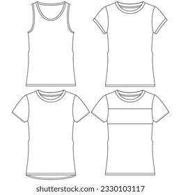 Silhouettes or technical outlines of sets of long-sleeved, short-sleeved shirts, for children, women, men. season collection