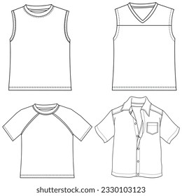 Silhouettes or technical outlines of sets of long-sleeved, short-sleeved shirts, for children, women, men. season collection