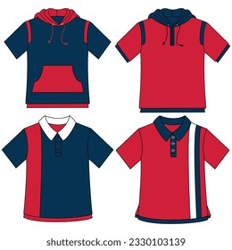 Silhouettes or technical outlines of sets of long-sleeved, short-sleeved shirts, for children, women, men. season collection