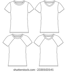 Silhouettes or technical outlines of sets of long-sleeved, short-sleeved shirts, for children, women, men. season collection