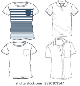 Silhouettes or technical outlines of sets of long-sleeved, short-sleeved shirts, for children, women, men. season collection