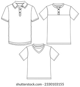 Silhouettes or technical outlines of sets of long-sleeved, short-sleeved shirts, for children, women, men. season collection