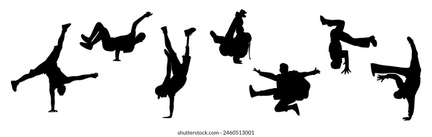 Silhouettes of teenager dancers hip hop, breakdance outline vector black drawing on transparent background. Young cool girl and boy dancing street dance.