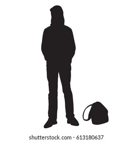 Silhouettes teenager resting during a trip, black color, isolated on white background