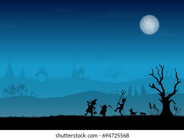 Silhouettes of Thai children trick or treating in Halloween night illustration