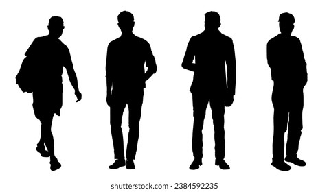 Silhouettes of three adult guys and one elderly man. Diverse people group silhouette. Flat vector illustration isolated on background.