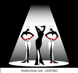 Silhouettes of three beautiful singers on a scene