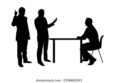 Silhouettes of Three Business People Behind Table Discussing Business Plan. Office people engaging in everyday work related activities vector art