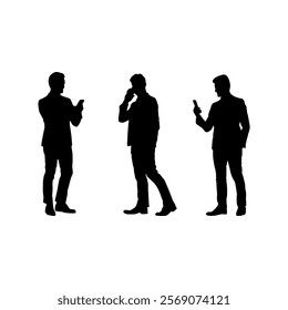 Silhouettes of three businessmen in formal attire using smartphones, representing modern communication, business networking, and mobile technology in a professional context.