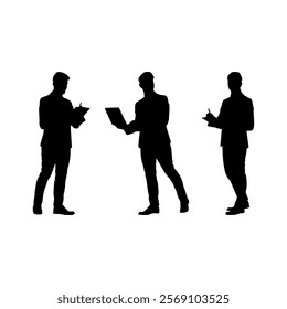 Silhouettes of three businessmen in formal attire reviewing and discussing documents, symbolizing teamwork, collaboration, professional analysis, and corporate decision-making