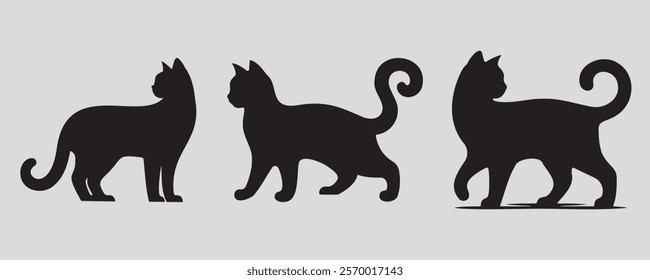 Silhouettes of three cats in different poses with curled tails, set against a plain gray background