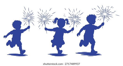 Silhuetas de três crianças alegremente brincando com faiscadores durante uma celebração, capturando a emoção e magia de feriados, festivais e diversão de infância.