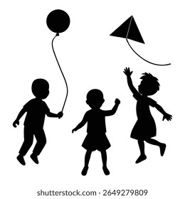 Silhouettes of three children playing outdoors with a kite and a balloon against a white background.