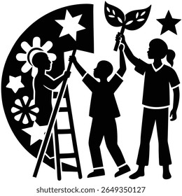 Silhouetten von drei Kindern, die gemeinsam an einem Kunstprojekt arbeiten. Ein Kind ist auf einer Leiter und sucht nach einem Stern. Ein anderes Kind hält eine Pflanze mit Blättern.