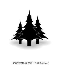 Silhouettes of three Christmas trees in a clearing on a white background. Vector image.