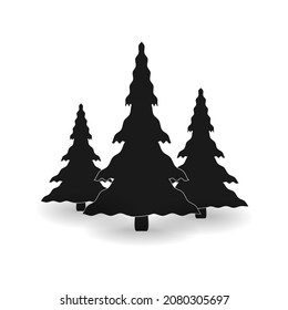 Silhouetten von drei Weihnachtsbäumen verschiedener Größe in einer Lichtung mit einem Schatten auf weißem Hintergrund. Vektorbild.