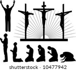 Silhouettes of the three crosses and praying man, vector illustration.