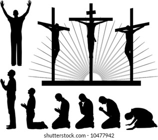 Silhouettes of the three crosses and praying man, vector illustration.