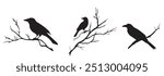 Silhouettes of three crows perched on bare branches in minimalist design against a white background