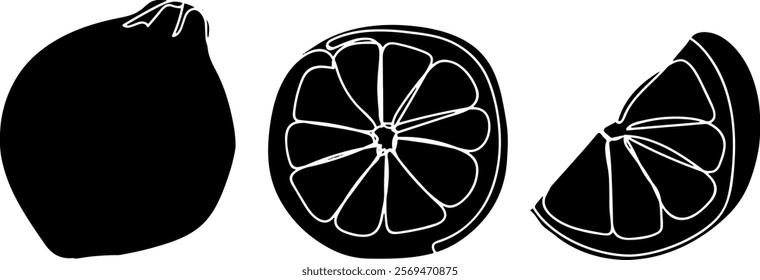 Silhouettes of three different shapes of citrus fruits, art illustration Silhouettes of citrus fruits