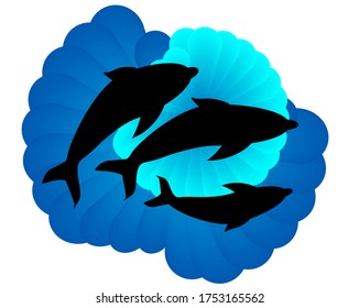Silhouettes of three dolphins on a blue background. Vector illustration, isolated background