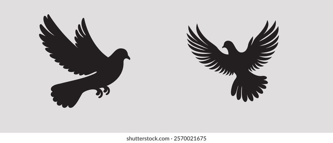 Silhouettes of three doves in flight, with gracefully spread wings, set against a plain gray background