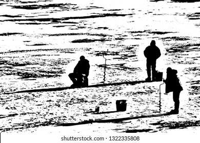 Silhouettes of three fishermen on winter fishing. Men in warm clothes preparing for ice fishing, fisherman drilling a hole in the ice of the river. Overlay template. Vector illustration