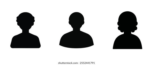 Silhouettes of three generic human profiles with diverse hairstyles in a minimalist design, ideal for avatars, user profiles, or representation of people in various contexts