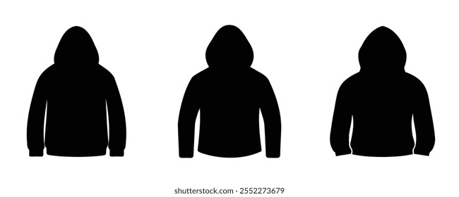 Siluetas de tres sudaderas con capucha en negro, con variaciones de diseño minimalistas