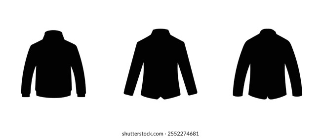 Silhuetas de três jaquetas com estilos distintos, apresentando um design limpo e minimalista