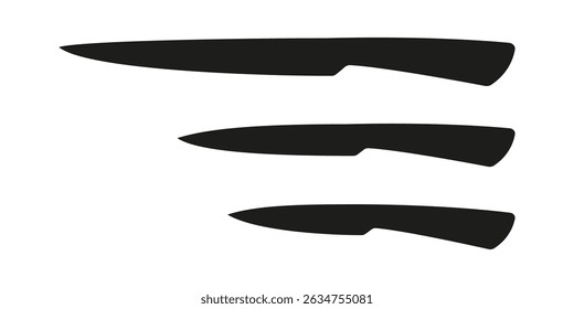 Silhouettes of three kitchen knives in different sizes, isolated on white background. Perfect for culinary or kitchen-related design themes.