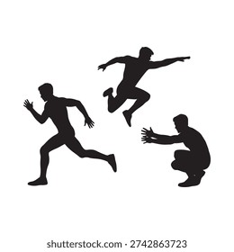 Silhouettes of three men in dynamic running and crouching poses