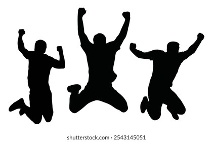 Silhouettes of three men jumping in joy. isolated vector on white background.