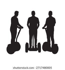 Siluetas de tres hombres montando scooters de auto equilibrio en una fila