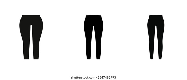 Silhouettes of three pairs of leggings in different styles, isolated on a white background. Ideal for fashion, apparel design, and fitness-related themes