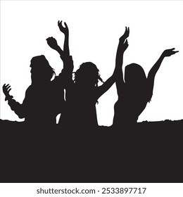 Silhouettes of three people dancing joyfully with their arms raised against a white background.