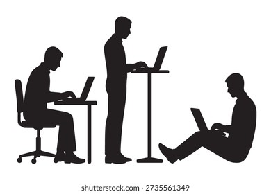 Silhouettes of three people using laptop computers illustrating different ergonomic working positions