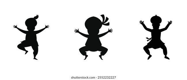 Silhouettes of three playful children in dynamic dance poses, each wearing distinctive headgear. Minimalistic black figures on a white background, showcasing cultural and creative expression