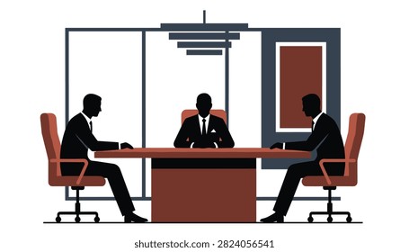 Silhouettes of three professional executives conducting a corporate boardroom meeting around a large wooden table.
