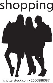 Silhouettes of three shopping women, women with shopping bags on a white background. Graceful woman