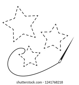 Silhouettes of three stars with interrupted contour. Vector illustration of handmade work with embroidery thread and needle on white background.