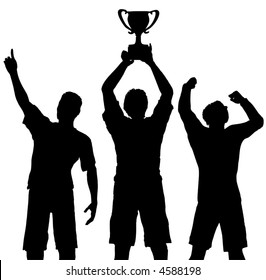 Silhouettes of three team players win a trophy and celebrate a sports or business victory.