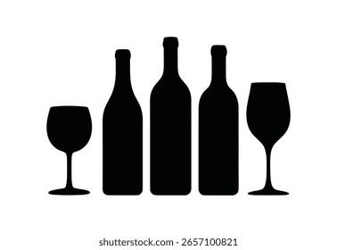 Silhouettes of three wine bottles and two wine glasses arranged on a white background, symbolizing a celebration or tasting.