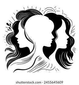 Silhouettes of three women in profile. Concept for equality, international women's day, activism, feminism. Black and white vector illustration. Isolated.